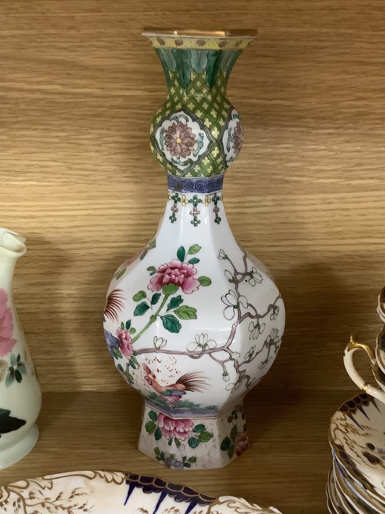 A Rockingham part teaset, c.1835, two glass paperweights, two glass vases and a French garlic neck vase